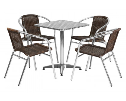 BLNK Lila Square Aluminum Indoor-Outdoor Table Set with 4 Rattan Chairs - Dark Brown, 23.5"W