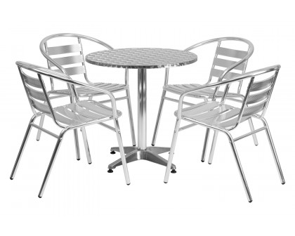 BLNK Lila Round Aluminum Indoor-Outdoor Table Set with 4 Slat Back Chairs - 27.5"D