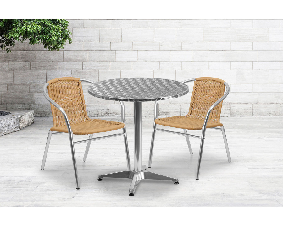 BLNK Lila Round Aluminum Indoor-Outdoor Table Set with 2 Rattan Chairs - Beige, 27.5"D