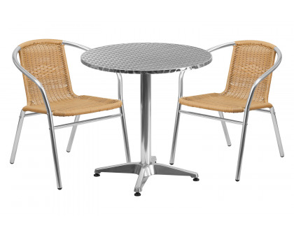 BLNK Lila Round Aluminum Indoor-Outdoor Table Set with 2 Rattan Chairs - Beige, 27.5"D