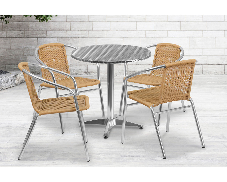 BLNK Lila Round Aluminum Indoor-Outdoor Table Set with 4 Rattan Chairs - Beige, 27.5"D