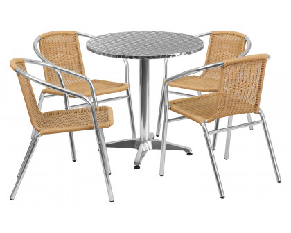 BLNK Lila Round Aluminum Indoor-Outdoor Table Set with 4 Rattan Chairs - Beige, 27.5"D