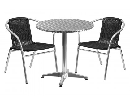 BLNK Lila Round Aluminum Indoor-Outdoor Table Set with 2 Rattan Chairs - Black, 27.5"D