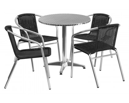 BLNK Lila Round Aluminum Indoor-Outdoor Table Set with 4 Rattan Chairs - Black, 27.5"D