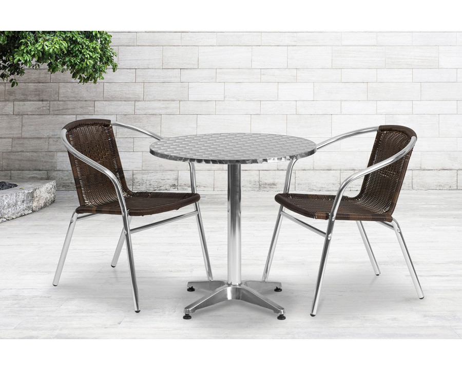 BLNK Lila Round Aluminum Indoor-Outdoor Table Set with 2 Rattan Chairs