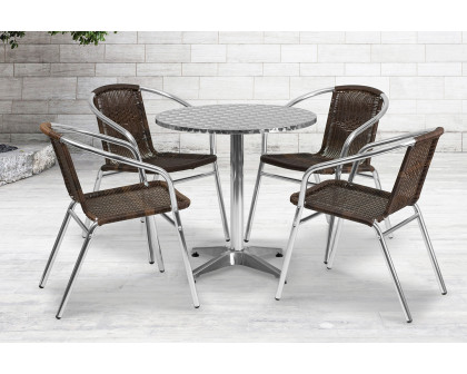 BLNK Lila Round Aluminum Indoor-Outdoor Table Set with 4 Rattan Chairs