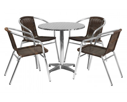 BLNK Lila Round Aluminum Indoor-Outdoor Table Set with 4 Rattan Chairs - Dark Brown, 27.5"D