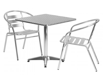 BLNK Lila Square Aluminum Indoor-Outdoor Table Set with 2 Slat Back Chairs - 27.5"W