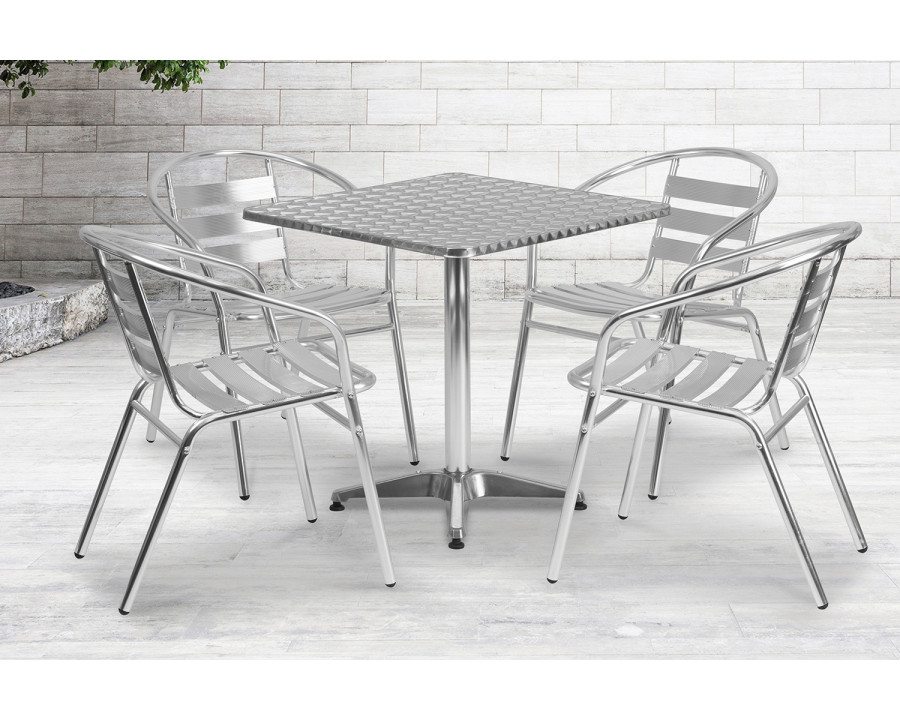 BLNK Lila Square Aluminum Indoor-Outdoor Table Set with 4 Slat Back Chairs - 27.5"W