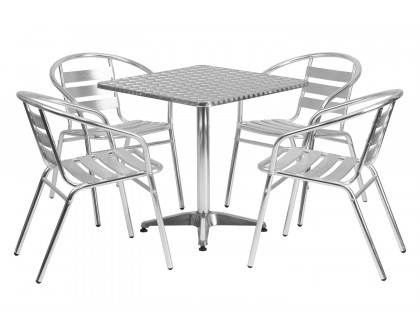 BLNK Lila Square Aluminum Indoor-Outdoor Table Set with 4 Slat Back Chairs - 27.5"W