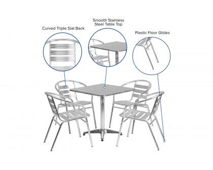 BLNK Lila Square Aluminum Indoor-Outdoor Table Set with 4 Slat Back Chairs - 27.5"W