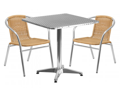 BLNK Lila Square Aluminum Indoor-Outdoor Table Set with 2 Rattan Chairs - Beige, 27.5"W