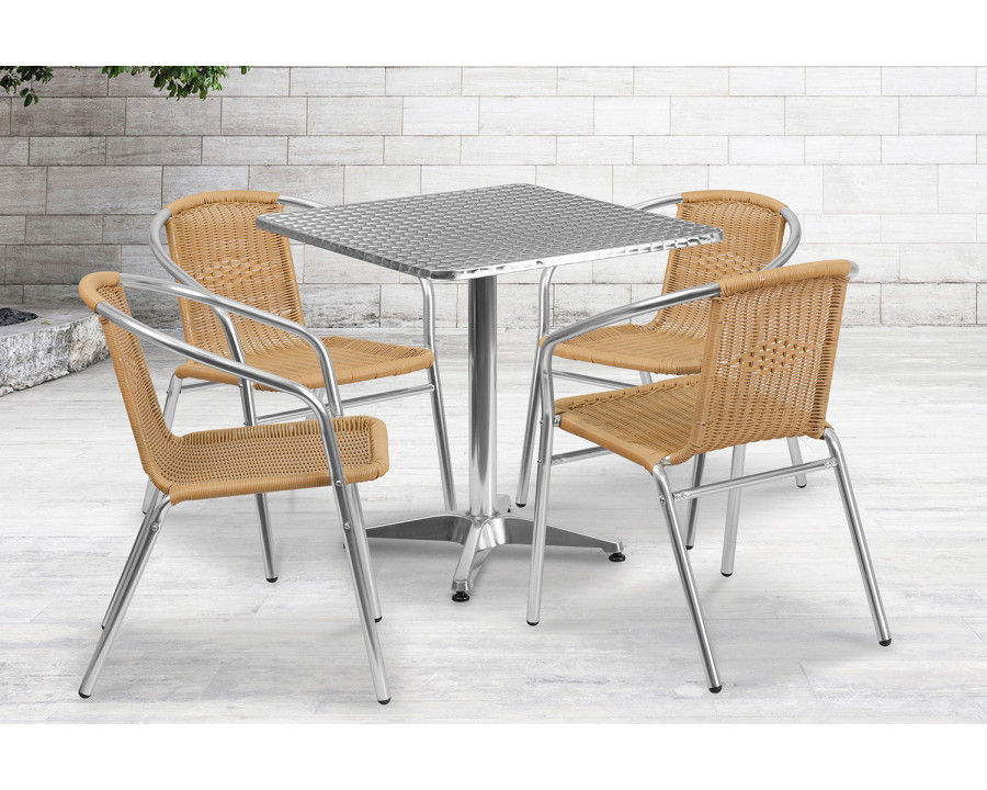 BLNK Lila Square Aluminum Indoor-Outdoor Table Set with 4 Rattan Chairs - Beige, 27.5"W