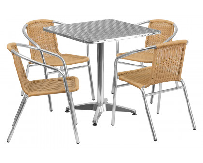 BLNK Lila Square Aluminum Indoor-Outdoor Table Set with 4 Rattan Chairs - Beige, 27.5"W