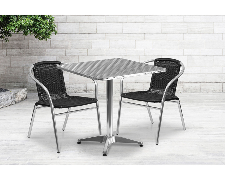 BLNK Lila Square Aluminum Indoor-Outdoor Table Set with 2 Rattan Chairs - Black, 27.5"W