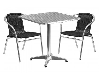 BLNK Lila Square Aluminum Indoor-Outdoor Table Set with 2 Rattan Chairs - Black, 27.5"W