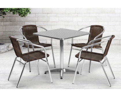 BLNK Lila Square Aluminum Indoor-Outdoor Table Set with 4 Rattan Chairs