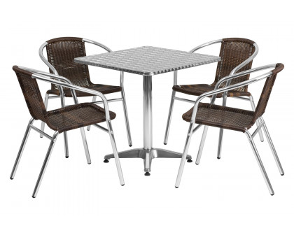 BLNK Lila Square Aluminum Indoor-Outdoor Table Set with 4 Rattan Chairs - Dark Brown, 27.5"W