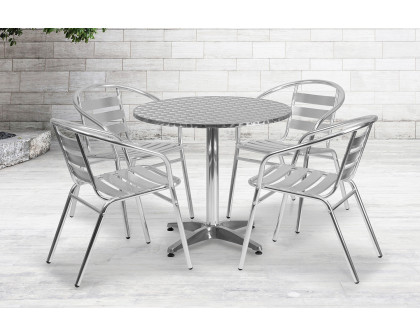 BLNK Lila Round Aluminum Indoor-Outdoor Table Set with 4 Slat Back Chairs