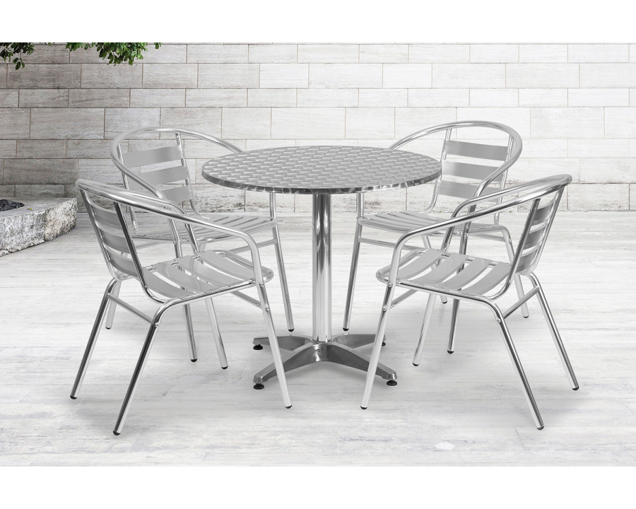 BLNK Lila Round Aluminum Indoor-Outdoor Table Set with 4 Slat Back Chairs - 31.5"D