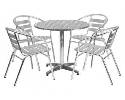 BLNK Lila Round Aluminum Indoor-Outdoor Table Set with 4 Slat Back Chairs - 31.5"D