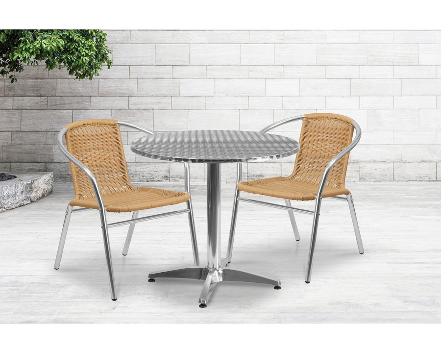 BLNK Lila Round Aluminum Indoor-Outdoor Table Set with 2 Rattan Chairs - Beige, 31.5"D