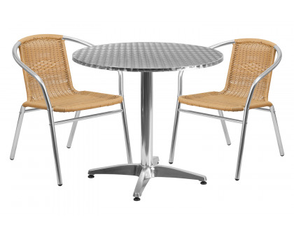 BLNK Lila Round Aluminum Indoor-Outdoor Table Set with 2 Rattan Chairs - Beige, 31.5"D