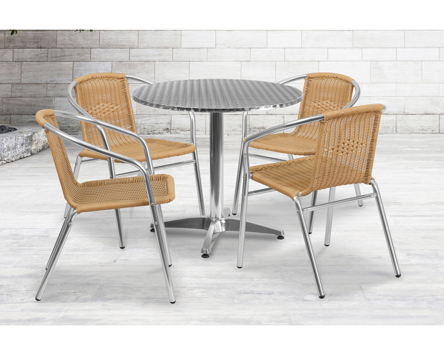 BLNK Lila Round Aluminum Indoor-Outdoor Table Set with 4 Rattan Chairs