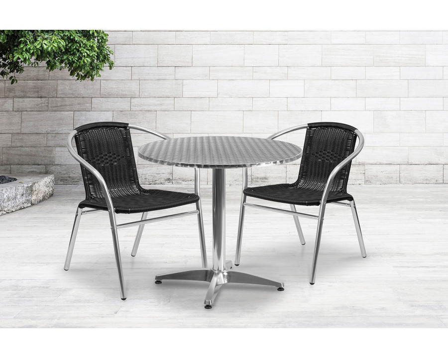 BLNK Lila Round Aluminum Indoor-Outdoor Table Set with 2 Rattan Chairs - Black, 31.5"D