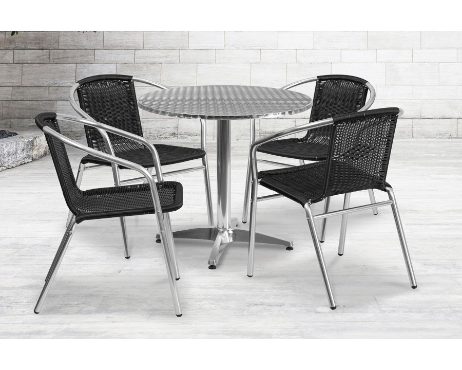 BLNK Lila Round Aluminum Indoor-Outdoor Table Set with 4 Rattan Chairs - Black, 31.5"D