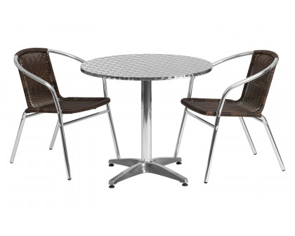 BLNK Lila Round Aluminum Indoor-Outdoor Table Set with 2 Rattan Chairs - Dark Brown, 31.5"D