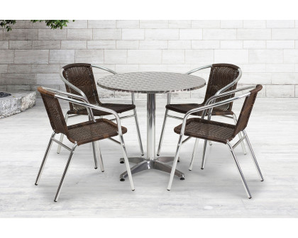 BLNK Lila Round Aluminum Indoor-Outdoor Table Set with 4 Rattan Chairs