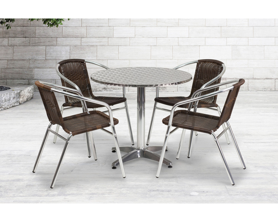 BLNK Lila Round Aluminum Indoor-Outdoor Table Set with 4 Rattan Chairs - Dark Brown, 31.5"D