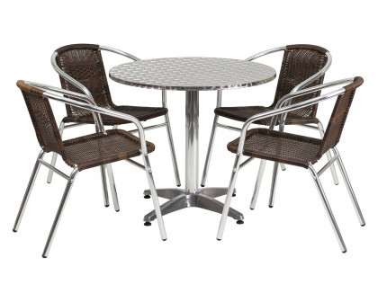 BLNK Lila Round Aluminum Indoor-Outdoor Table Set with 4 Rattan Chairs - Dark Brown, 31.5"D