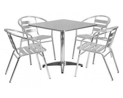 BLNK Lila Square Aluminum Indoor-Outdoor Table Set with 4 Slat Back Chairs - 31.5"W