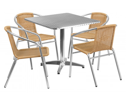 BLNK Lila Square Aluminum Indoor-Outdoor Table Set with 4 Rattan Chairs - Beige, 31.5"W