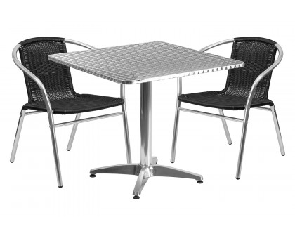 BLNK Lila Square Aluminum Indoor-Outdoor Table Set with 2 Rattan Chairs - Black, 31.5"W