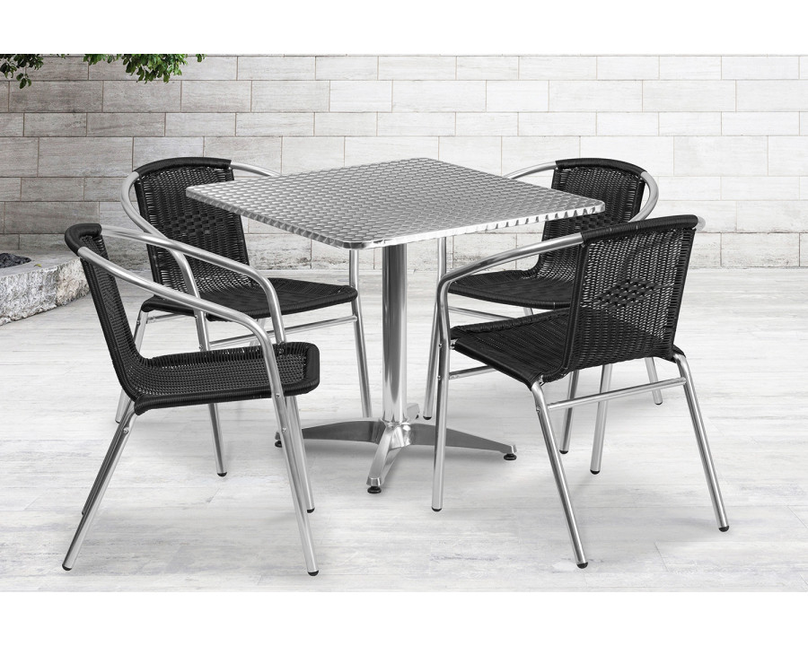 BLNK Lila Square Aluminum Indoor-Outdoor Table Set with 4 Rattan Chairs - Black, 31.5"W