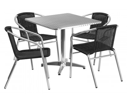 BLNK Lila Square Aluminum Indoor-Outdoor Table Set with 4 Rattan Chairs - Black, 31.5"W