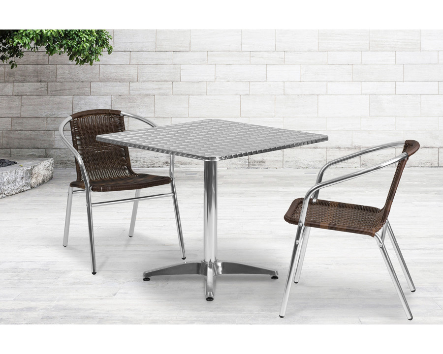 BLNK Lila Square Aluminum Indoor-Outdoor Table Set with 2 Rattan Chairs - Dark Brown, 31.5"W