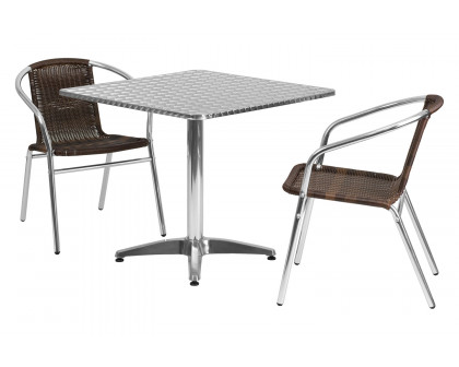 BLNK Lila Square Aluminum Indoor-Outdoor Table Set with 2 Rattan Chairs - Dark Brown, 31.5"W