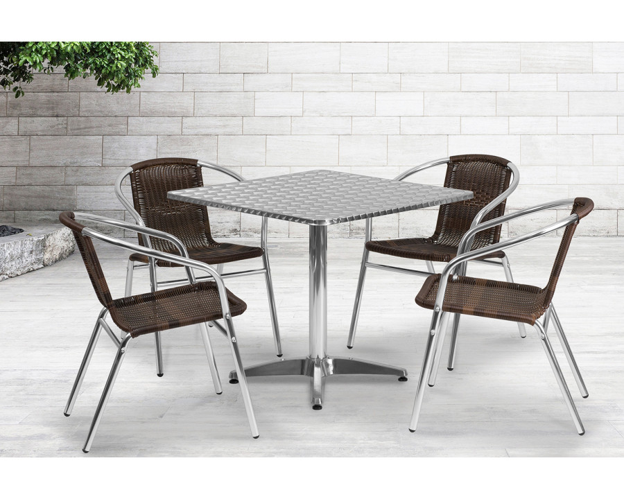 BLNK Lila Square Aluminum Indoor-Outdoor Table Set with 4 Rattan Chairs