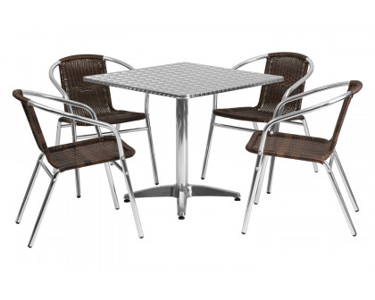 BLNK Lila Square Aluminum Indoor-Outdoor Table Set with 4 Rattan Chairs