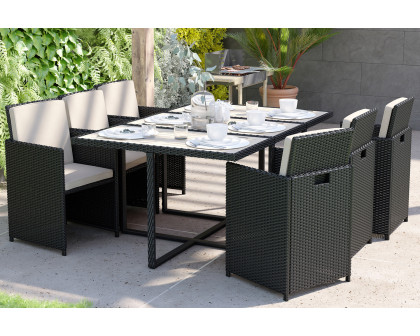 BLNK Peregrine Outdoor Patio Dining Set with Space Saving Black Wicker Modular Chairs-Cream Cushions and Acacia Wood Table Top 7 Piece