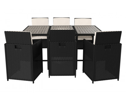 BLNK Peregrine Outdoor Patio Dining Set with Space Saving Black Wicker Modular Chairs-Cream Cushions and Acacia Wood Table Top 7 Piece - Gray