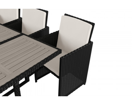 BLNK Peregrine Outdoor Patio Dining Set with Space Saving Black Wicker Modular Chairs-Cream Cushions and Acacia Wood Table Top 7 Piece - Gray