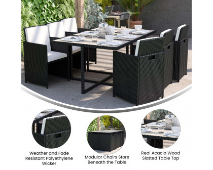 BLNK Peregrine Outdoor Patio Dining Set with Space Saving Black Wicker Modular Chairs-Cream Cushions and Acacia Wood Table Top 7 Piece - Gray