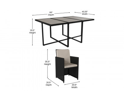 BLNK Peregrine Outdoor Patio Dining Set with Space Saving Black Wicker Modular Chairs-Cream Cushions and Acacia Wood Table Top 7 Piece - Gray