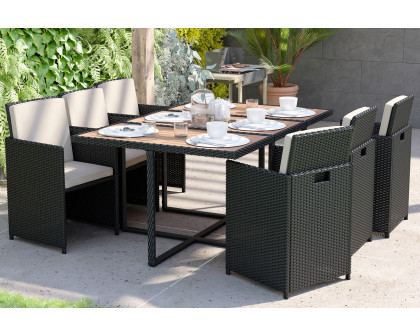 BLNK Peregrine Outdoor Patio Dining Set with Space Saving Black Wicker Modular Chairs-Cream Cushions and Acacia Wood Table Top 7 Piece - Natural