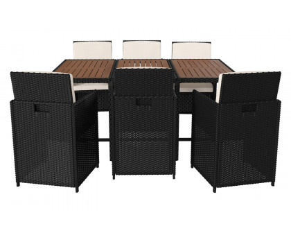 BLNK Peregrine Outdoor Patio Dining Set with Space Saving Black Wicker Modular Chairs-Cream Cushions and Acacia Wood Table Top 7 Piece - Natural